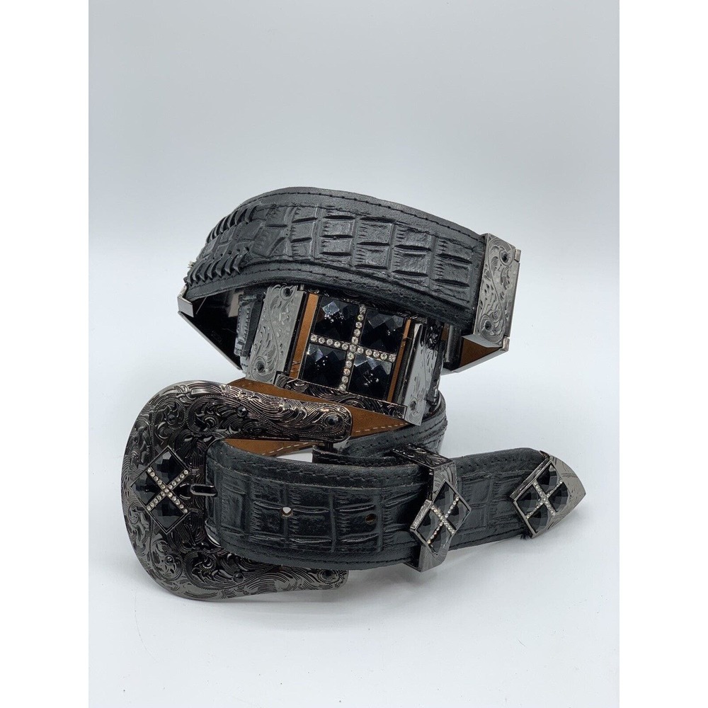Vintage Donaldo Women's Size 36 Black Leather Tooled Embellished Western Belt